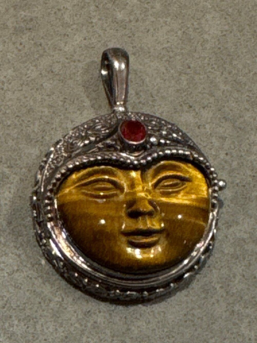 Vintage Sajen 925 Silver Goddess Offering Tigers Eye Face Locket Pendant